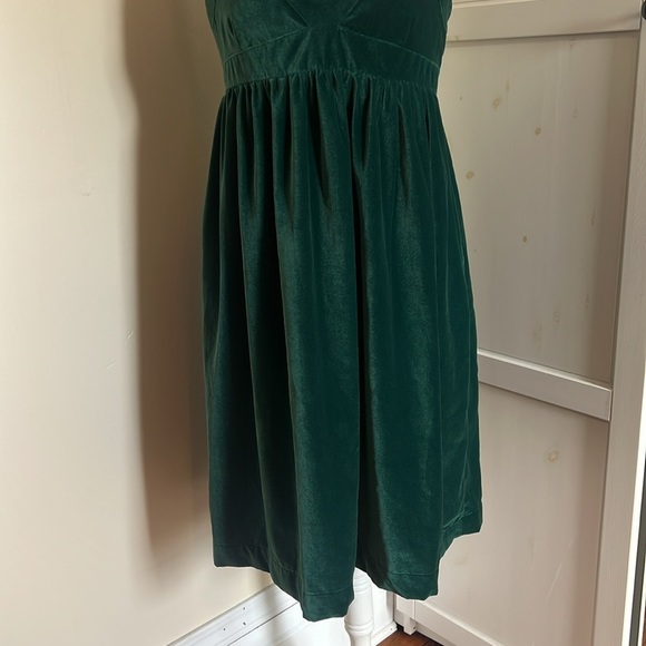 Lands' End Canvas Bohemian Green Velvet Ruched Sweetheart Mini Dress US Size 10 - Picture 3 of 10